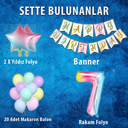 Gökkuşağı Konsepti 7 Yaş Doğum Günü Parti Kutlama Seti; Rakam ve Yıldız Folyo, Banner ve Makaron Balon