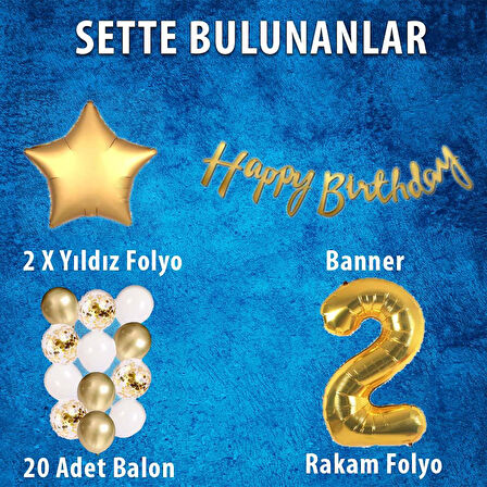 Gold Konsept 2 Yaş Doğum Günü Kutlama Seti; Beyaz Gold Konfetili Balon, Rakam Yıldız Folyo ve Banner