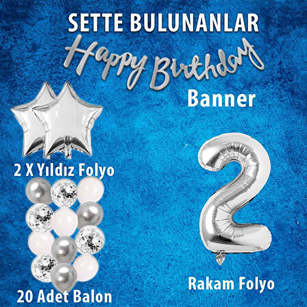 Gümüş Konsept 2 Yaş Doğum Günü Kutlama Seti Beyaz Gümüş Konfetili Balon Rakam Yıldız Folyo ve Banner