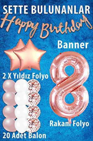 Rose Gold Konsept 8 Yaş Doğum Günü Kutlama Seti; Beyaz Gold Konfetili Balon, Rakam Yıldız Folyo ve Banner