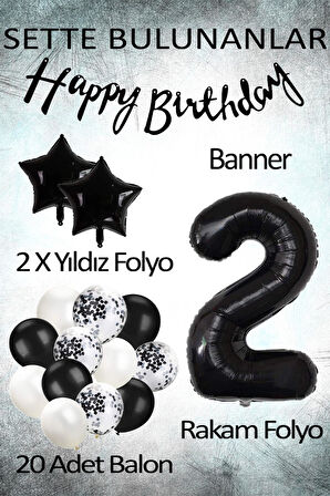 Siyah Konsept 2 Yaş Doğum Günü Kutlama Seti; Beyaz Siyah Konfetili Balon, Rakam Yıldız Folyo ve Banner