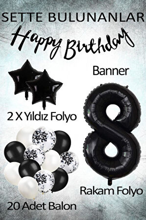 Siyah Konsept 8 Yaş Doğum Günü Kutlama Seti; Beyaz Siyah Konfetili Balon, Rakam Yıldız Folyo ve Banner