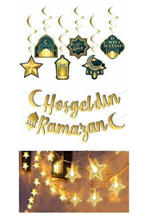 Hoşgeldin Ramazan Gold Yazı- Yıldız Led ve Tavan Süs Set, Ramazan Ayı Süsleme Seti