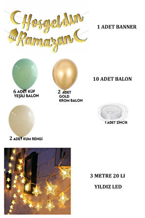 Hoşgeldin Ramazan Gold Yazı- Yıldız Led ve Balon Set, Ramazan Ayı Süsleme Seti