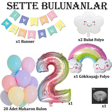 Gökkuşağı Bulut Konsepti 2 Yaş Doğum Günü Parti Kutlama Seti
