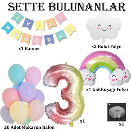 Gökkuşağı Bulut Konsepti 3 Yaş Doğum Günü Parti Kutlama Seti