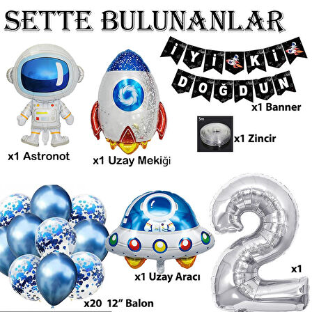 Uzay Konsepti 2 Yaş Doğum Günü Parti Kutlama Seti;  Astronot, Ufo Ve Uzay Gemisi Folyo Balon Set