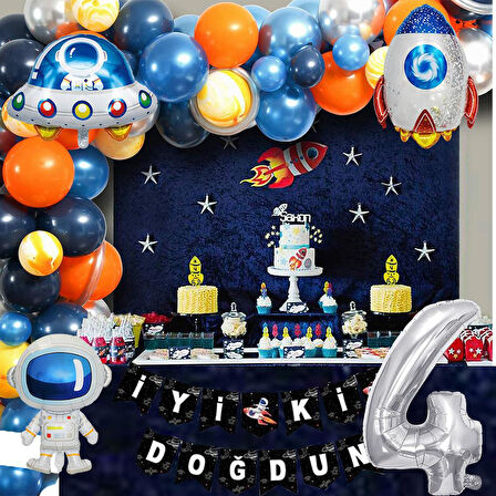 Uzay Temalı Doğum Günü Seti 4 Yaş; 4 Adet Folyo, 60 Lateks Balon, Banner, Balon Zinciri, Balon Bandı