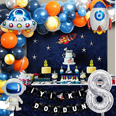 Uzay Temalı Doğum Günü Seti 8 Yaş; 4 Adet Folyo, 60 Lateks Balon, Banner, Balon Zinciri, Balon Bandı