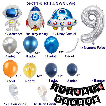 Uzay Temalı Doğum Günü Seti 9 Yaş; 4 Adet Folyo, 60 Lateks Balon, Banner, Balon Zinciri, Balon Bandı
