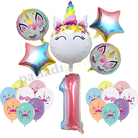 1 Yaş Gökkuşağı Konsepti Unicorn Temalı Doğum Günü Parti Kutlama Seti