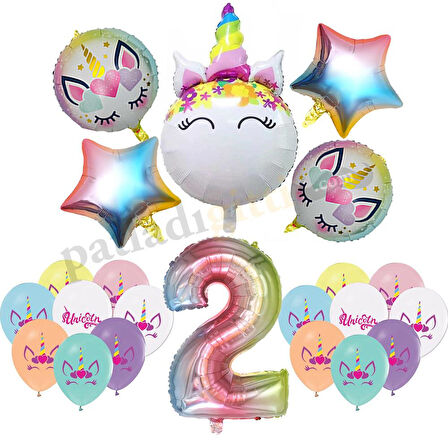 2 Yaş Gökkuşağı Konsepti Unicorn Temalı Doğum Günü Parti Kutlama Seti