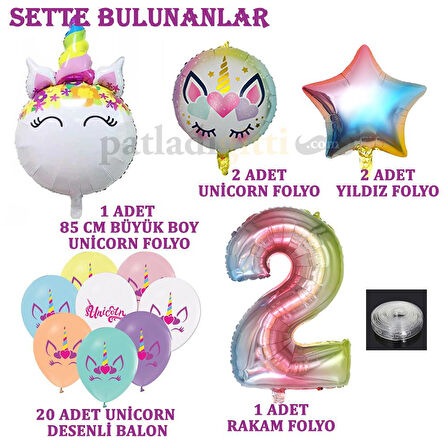 2 Yaş Gökkuşağı Konsepti Unicorn Temalı Doğum Günü Parti Kutlama Seti
