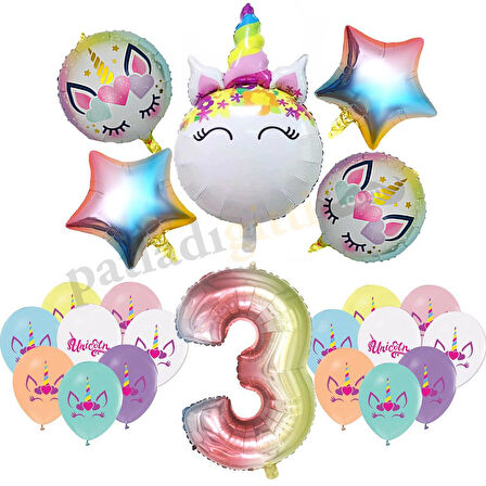3 Yaş Gökkuşağı Konsepti Unicorn Temalı Doğum Günü Parti Kutlama Seti