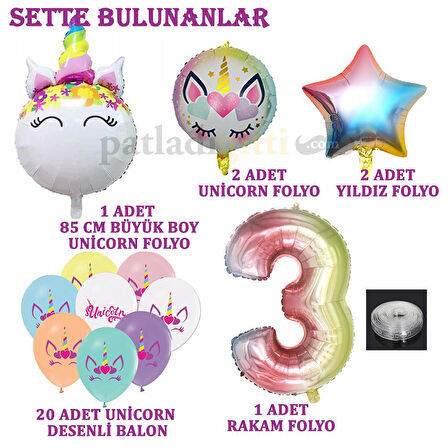 3 Yaş Gökkuşağı Konsepti Unicorn Temalı Doğum Günü Parti Kutlama Seti