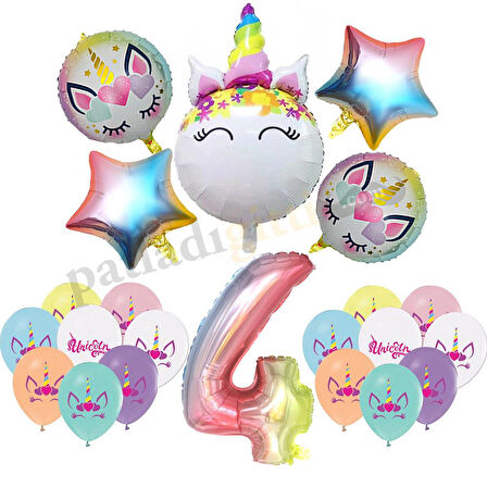 4 Yaş Gökkuşağı Konsepti Unicorn Temalı Doğum Günü Parti Kutlama Seti