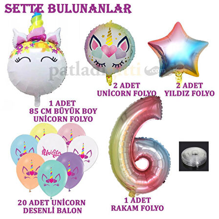 6 Yaş Gökkuşağı Konsepti Unicorn Temalı Doğum Günü Parti Kutlama Seti