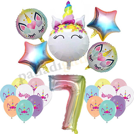 7 Yaş Gökkuşağı Konsepti Unicorn Temalı Doğum Günü Parti Kutlama Seti