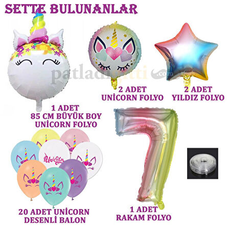 7 Yaş Gökkuşağı Konsepti Unicorn Temalı Doğum Günü Parti Kutlama Seti