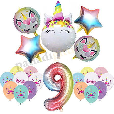 9 Yaş Gökkuşağı Konsepti Unicorn Temalı Doğum Günü Parti Kutlama Seti