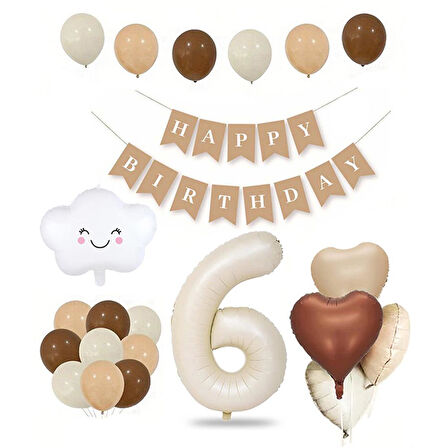 6 Yaş Retro Doğum Günü Seti; Krem Rakam Folyo, Banner, Kalp Folyo ve Lateks Balon