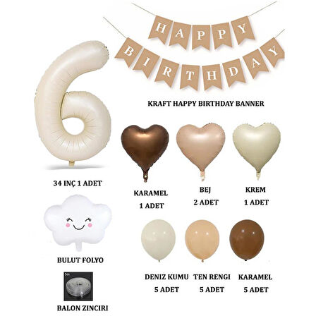 6 Yaş Retro Doğum Günü Seti; Krem Rakam Folyo, Banner, Kalp Folyo ve Lateks Balon