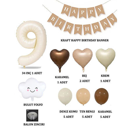 9 Yaş Retro Doğum Günü Seti; Krem Rakam Folyo, Banner, Kalp Folyo ve Lateks Balon