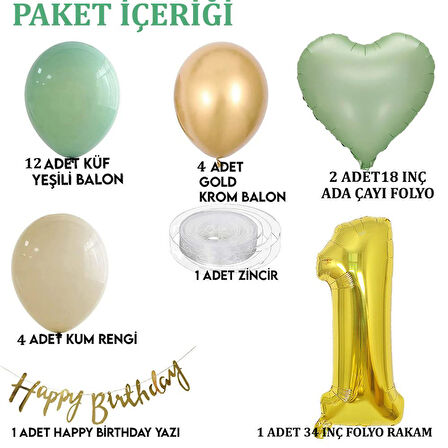Adaçayı Konsept 1 Yaş Doğum Günü Seti ; Küf Yeşili-Krom Gold- Deniz Kumu ve Adaçayı Kalp Folyo Balon
