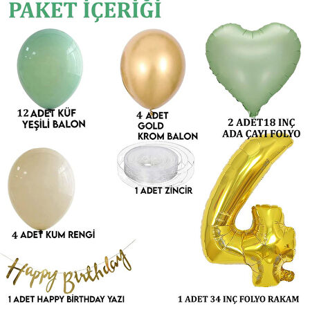 Adaçayı Konsept 4 Yaş Doğum Günü Seti ; Küf Yeşili-Krom Gold- Deniz Kumu ve Adaçayı Kalp Folyo Balon