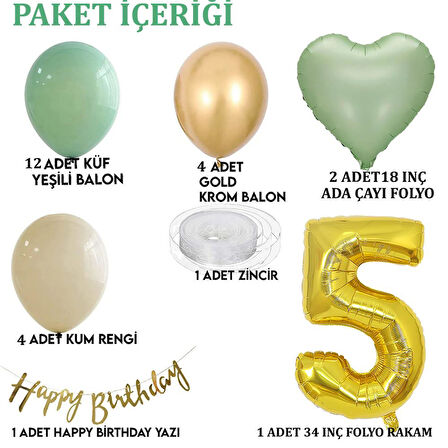 Adaçayı Konsept 5 Yaş Doğum Günü Seti ; Küf Yeşili-Krom Gold- Deniz Kumu ve Adaçayı Kalp Folyo Balon