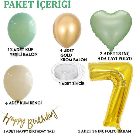 Adaçayı Konsept 7 Yaş Doğum Günü Seti ; Küf Yeşili-Krom Gold- Deniz Kumu ve Adaçayı Kalp Folyo Balon