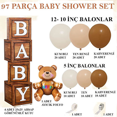 Oyuncak Ayı Temalı Baby Shower Set; Ahşap Görünümlü Baby Kutu, Ayıcık Folyo Ve Retro Balon Zincir Set