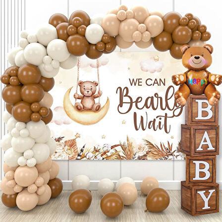 Oyuncak Ayı Temalı Baby Shower Set; Ahşap Görünümlü Baby Kutu, Ayıcık Folyo Ve Retro Balon Zincir Set