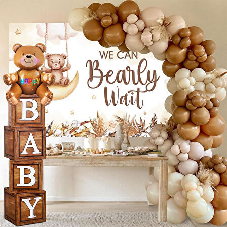 Oyuncak Ayı Temalı Baby Shower Set; Ahşap Görünümlü Baby Kutu, Ayıcık Folyo Ve Retro Balon Zincir Set