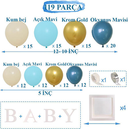 Okyanus Temalı Baby Shower Set 119 Parça; Baby Kutu ve Lateks Balon Set