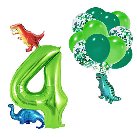 4 Yaş Dinazor Set; Rakam Folyo, 3 Adet Mini Dinazor ve 10 lu Balon