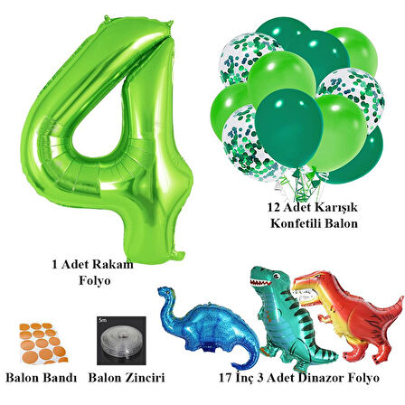 4 Yaş Dinazor Set; Rakam Folyo, 3 Adet Mini Dinazor ve 10 lu Balon