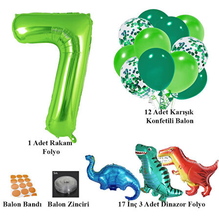7 Yaş Dinazor Set; Rakam Folyo, 3 Adet Mini Dinazor ve 10 lu Balon