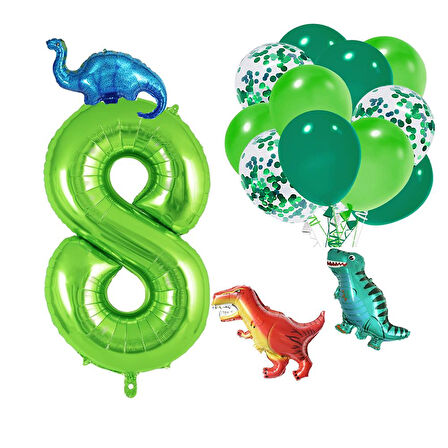 8 Yaş Dinazor Set; Rakam Folyo, 3 Adet Mini Dinazor ve 10 lu Balon