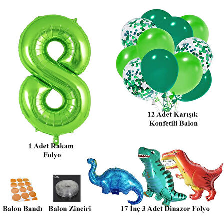 8 Yaş Dinazor Set; Rakam Folyo, 3 Adet Mini Dinazor ve 10 lu Balon