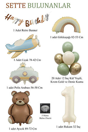 Retro 1 Yaş Doğum Günü Seti; Uçak, Araba, Gökkuşağı, Ayıcık ve 20 Adet Lateks Balon Set