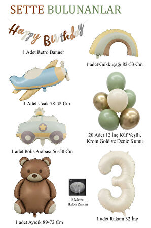 Retro 3 Yaş Doğum Günü Seti; Uçak, Araba, Gökkuşağı, Ayıcık ve 20 Adet Lateks Balon Set