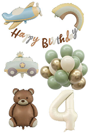 Retro 4 Yaş Doğum Günü Seti; Uçak, Araba, Gökkuşağı, Ayıcık ve 20 Adet Lateks Balon Set