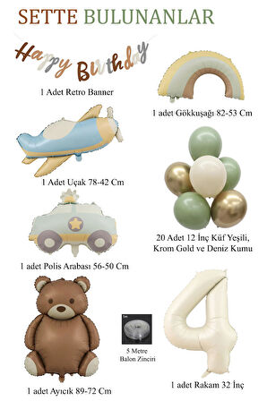 Retro 4 Yaş Doğum Günü Seti; Uçak, Araba, Gökkuşağı, Ayıcık ve 20 Adet Lateks Balon Set