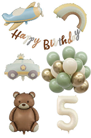 Retro 5 Yaş Doğum Günü Seti; Uçak, Araba, Gökkuşağı, Ayıcık ve 20 Adet Lateks Balon Set
