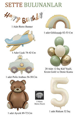 Retro 5 Yaş Doğum Günü Seti; Uçak, Araba, Gökkuşağı, Ayıcık ve 20 Adet Lateks Balon Set