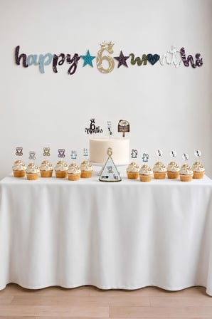 6 Ay Temalı Erkek Bebek Parti Seti – 6 Months Banner, Pasta Süsü, Kürdan Süs ve Parti Şapkası Seti