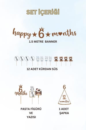 6 Ay Temalı Kahverengi Parti Seti – Happy 6 Months Banner, Pasta Süsü, Kürdan Süs ve Parti Şapkası Seti