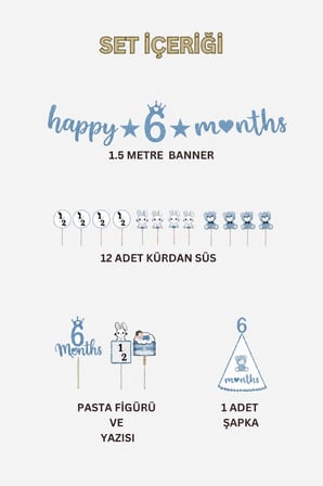 6 Ay Temalı Erkek Bebek Parti Seti – Happy 6 Months Banner, Pasta Süsü, Kürdan Süs ve Parti Şapkası Seti Mavi