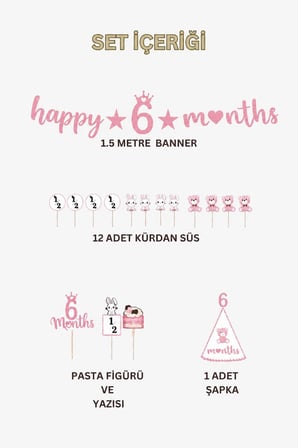 6 Ay Temalı Kız Bebek Parti Seti – Happy 6 Months Banner, Pasta Süsü, Kürdan Süs ve Parti Şapkası Seti Pembe